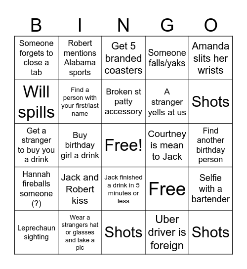 BAR CRAWL BINGO Card