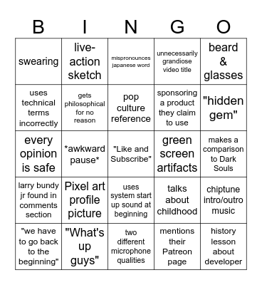 Mediocre Video Game Reviewer Bingo Card