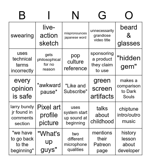 Mediocre Video Game Reviewer Bingo Card