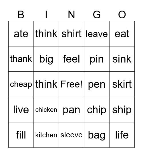 Pronunciation Bingo 2 Bingo Card