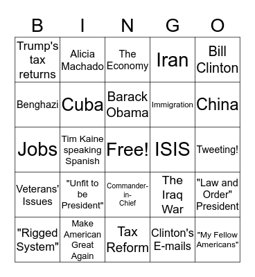 Vice Presidential Debate Bingo Card