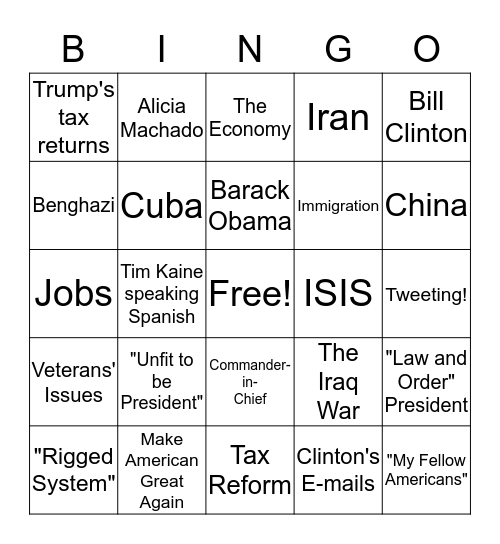 Vice Presidential Debate Bingo Card