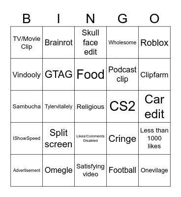 YouTube Shorts BINGO Card