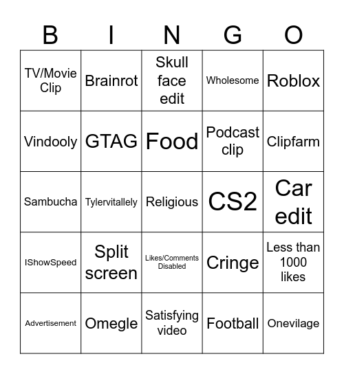 YouTube Shorts BINGO Card