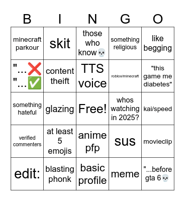 YT SHorts Comments Bingo Card