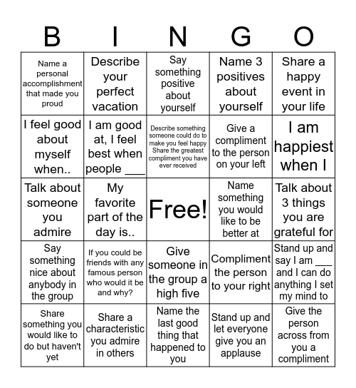 Self Esteem Bingo Card