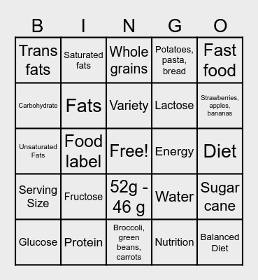 Nutrition Bingo Card