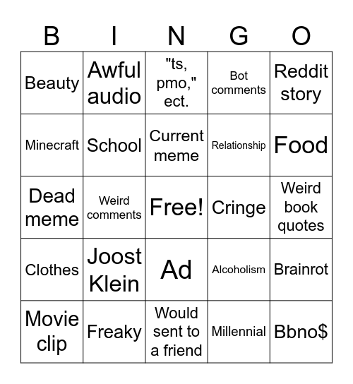 Instagram bingo Card