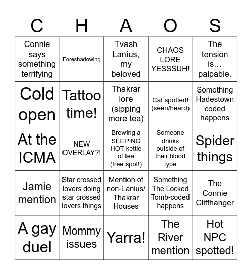 Transplanar CHAOS Arc 3: Ink on Canvas Bingo Card