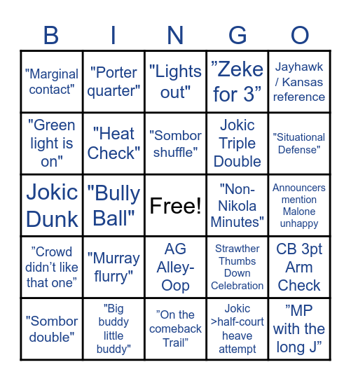 Nuggets Altitude+ BINGO Card