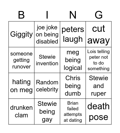 Family guy Bingo Card