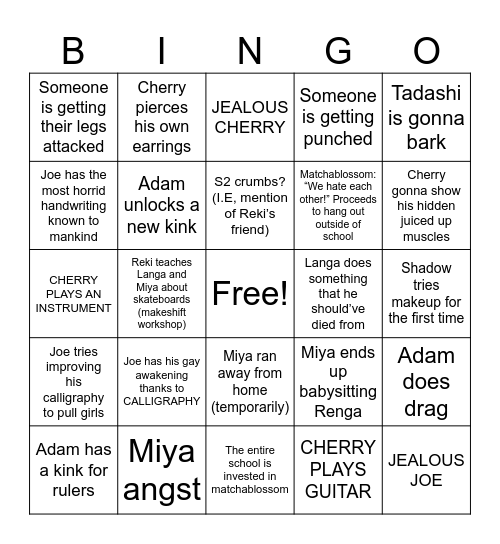 SK8 OVA Bingo Card
