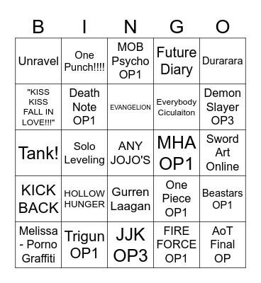Anime OPs Bingo Card
