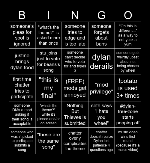Song Battles Bingo Card