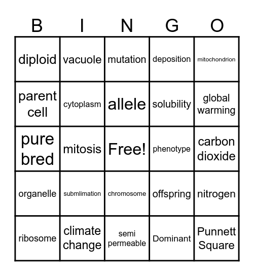 Science 70 Bingo Card