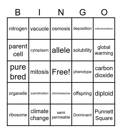 Science 70 Bingo Card