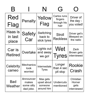 Formula 1 Bingo Card