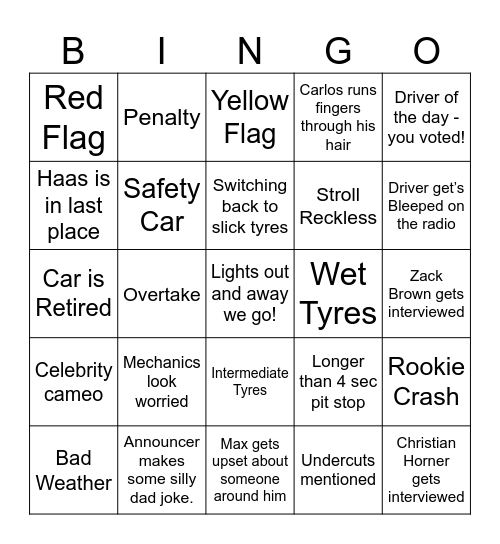 Formula 1 Bingo Card