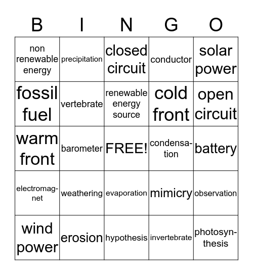 Science Bingo Card