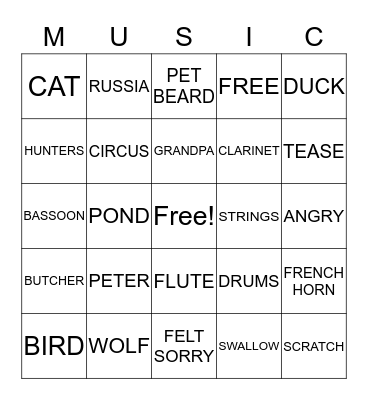 Peter and the Wolf Bingo Card