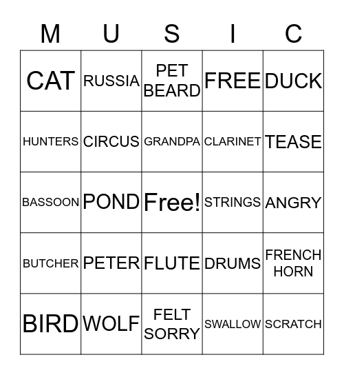 Peter and the Wolf Bingo Card