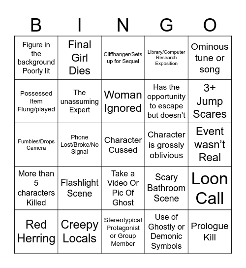 Scary Movie Bingo Card