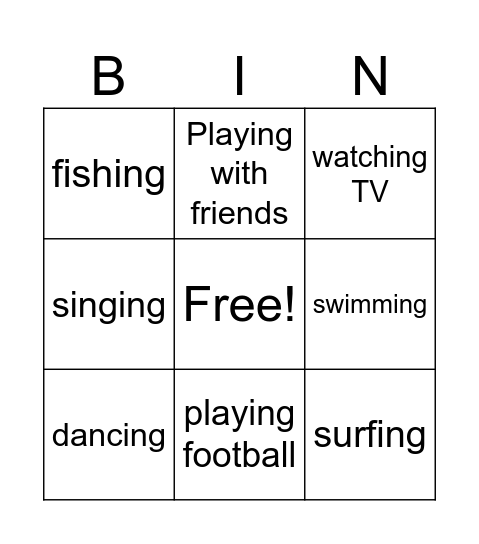 Summer activities Bingo Card