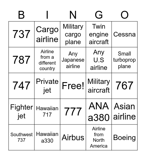 Plane Spotting BINGO Card