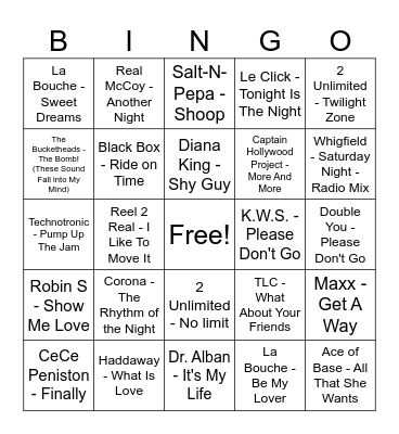 90s Dance Hits Birthday BINGO Card