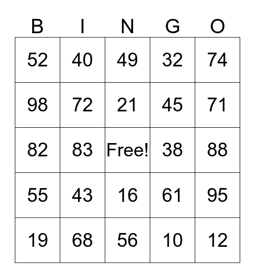 Number Bingo Card