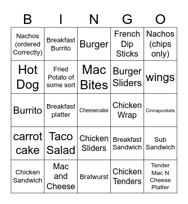 Shane's Sheetz Order Bingo Card
