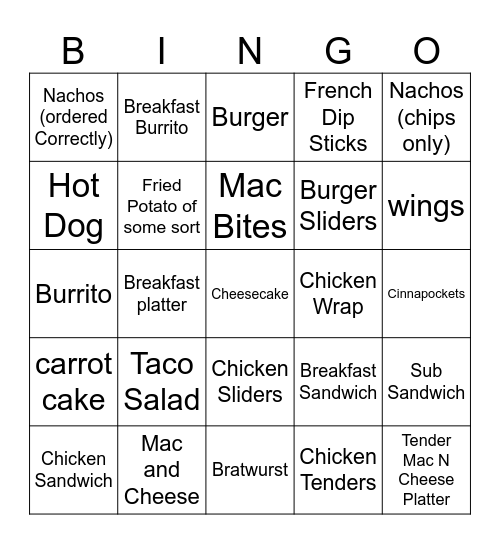 Shane's Sheetz Order Bingo Card