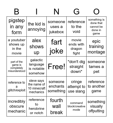 minecraft movie bingo Card