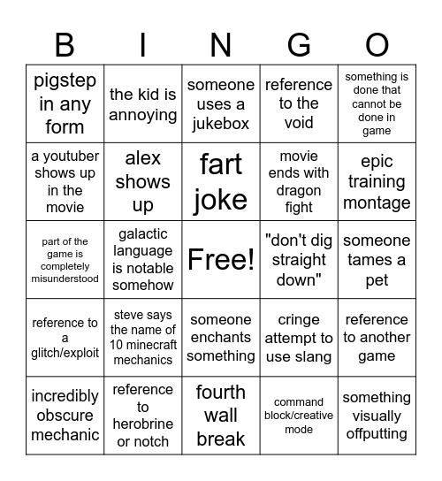 minecraft movie bingo Card