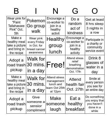 Health and Wellness Challenge Bingo Card