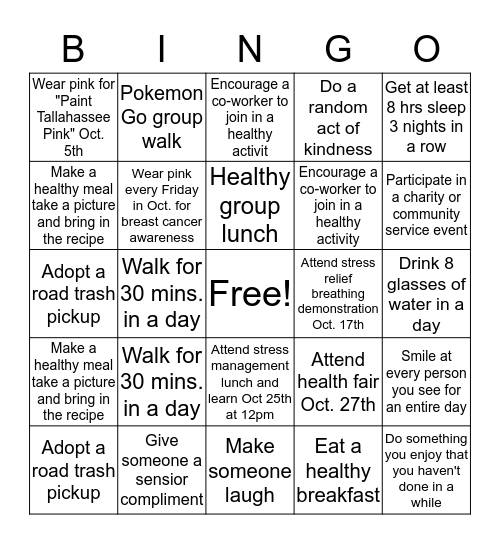 Health and Wellness Challenge Bingo Card