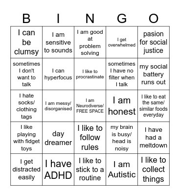 Neurodiversity Bingo Card