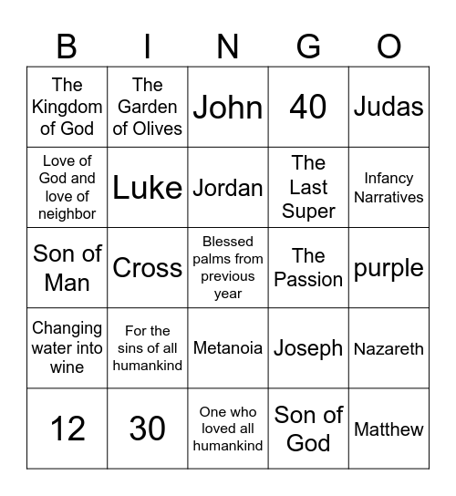 Life Of Jesus Bingo Card