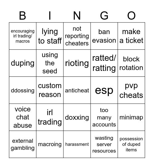 Donutsmp ban Bingo Card