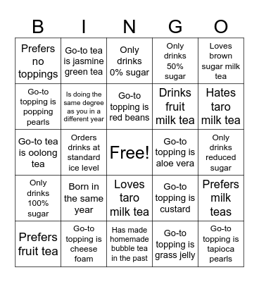 Bubble tea speed friending Bingo Card