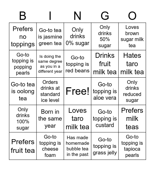 Bubble tea speed friending Bingo Card