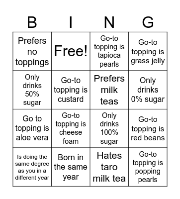 Bubble tea speed friending Bingo Card