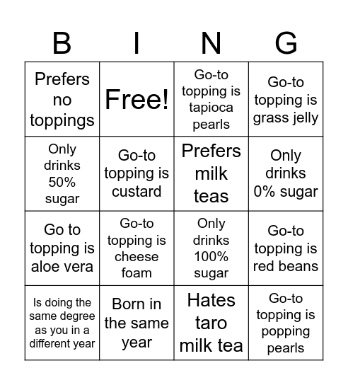 Bubble tea speed friending Bingo Card