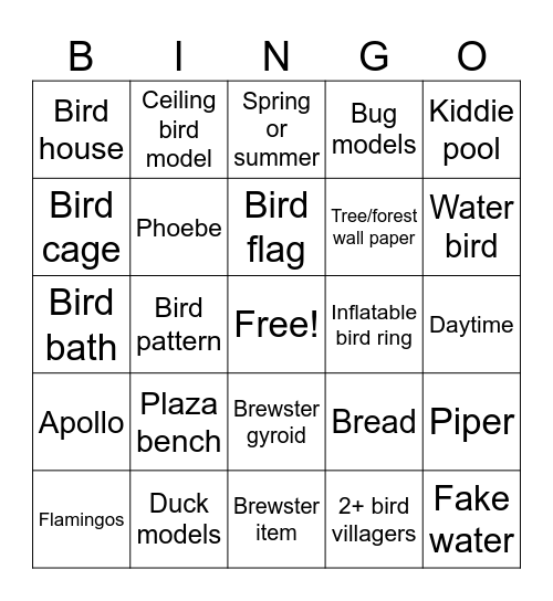 Bird ACNH Bingo Card