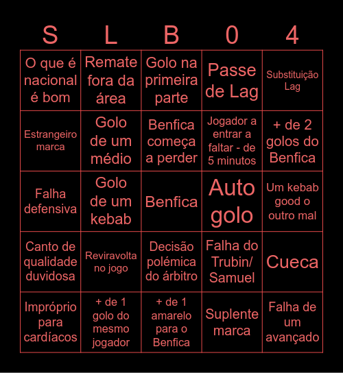Benfica Bingo Card