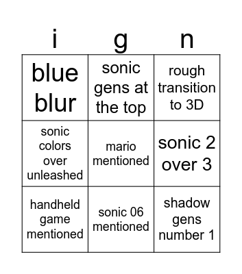 sonc tier list Bingo Card