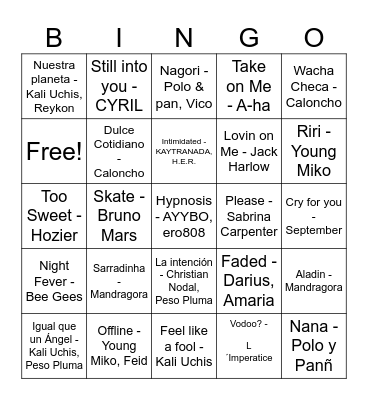 Favorite Songs Bingo Card
