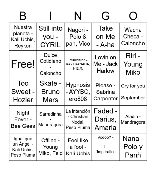 Favorite Songs Bingo Card