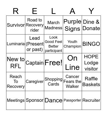 Relay for Life Kutztown Bingo Card