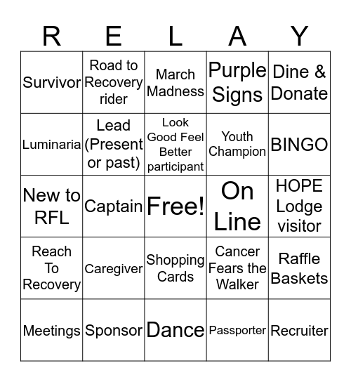 Relay for Life Kutztown Bingo Card